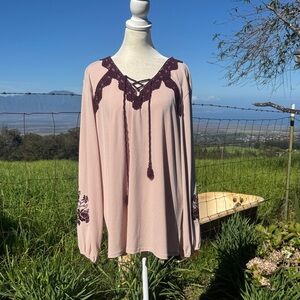 Style & Co Mauve Crocheted Embroidered long balloon sleeve Peasant tunic top